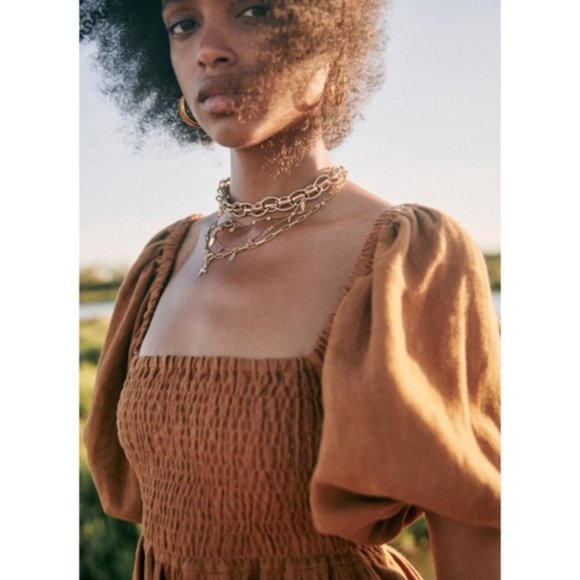 Sezane Carlie Puff Sleeve Smocked Linen Dress - Picture 2 of 9